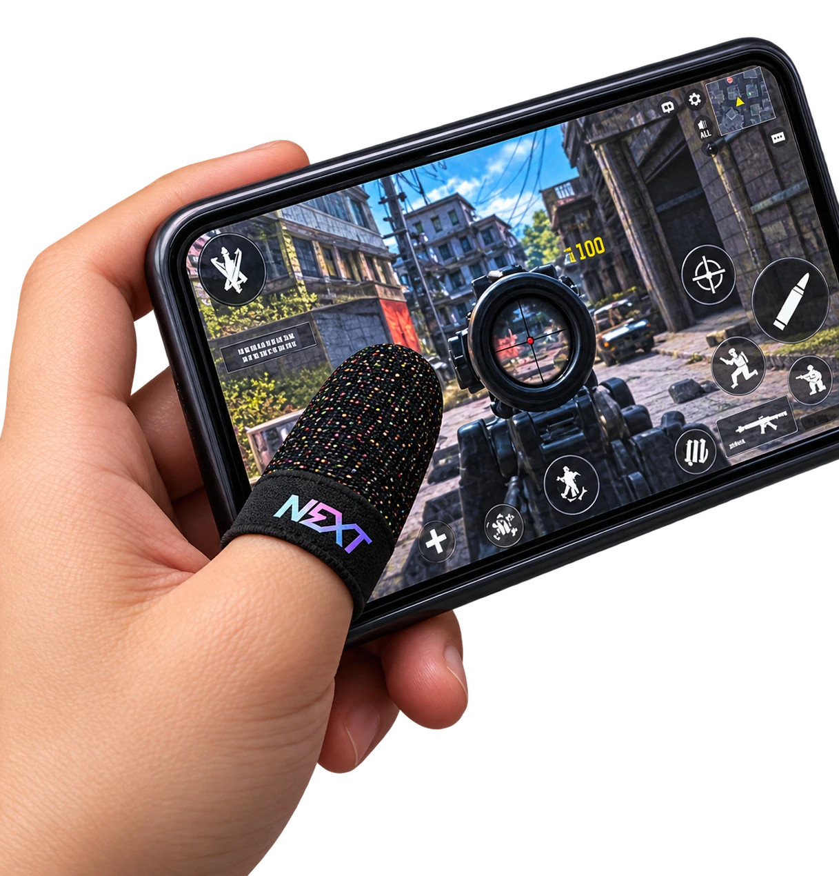 親指に装着してスマートフォンを操作しているところ